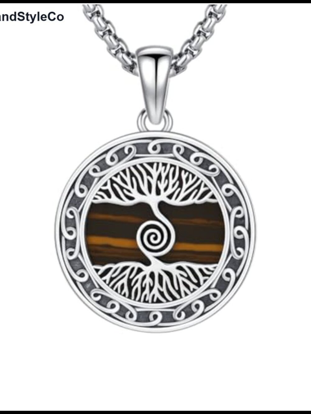 925 Sterling Silver Tree of Life Pendant Necklace Tiger Eye Gemstone Celtic